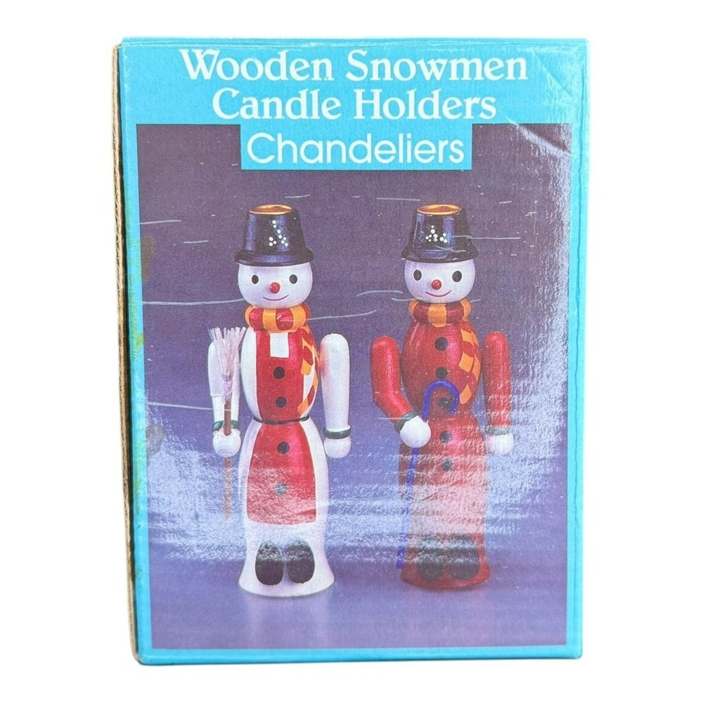 Vintage Wooden Snowmen Candle Holders w Box Christmas Decor